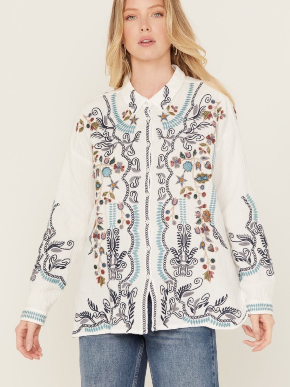 Boho Johnny Was Women’s Size Small White Cotton Multicolor Embroidered Blouse